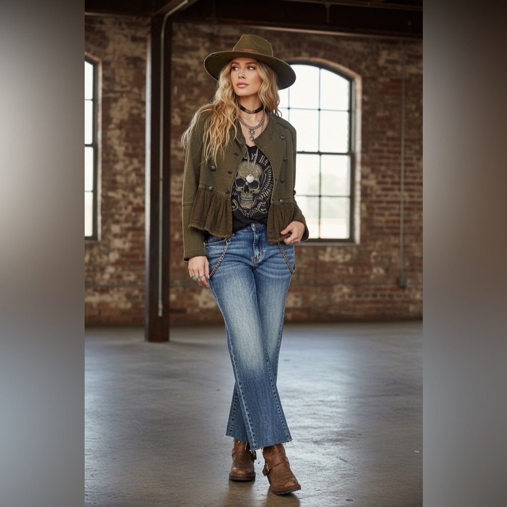 New Free People Flared Ruffle Hem Military Button Jacket Olive Army Green - Picture 11 of 13